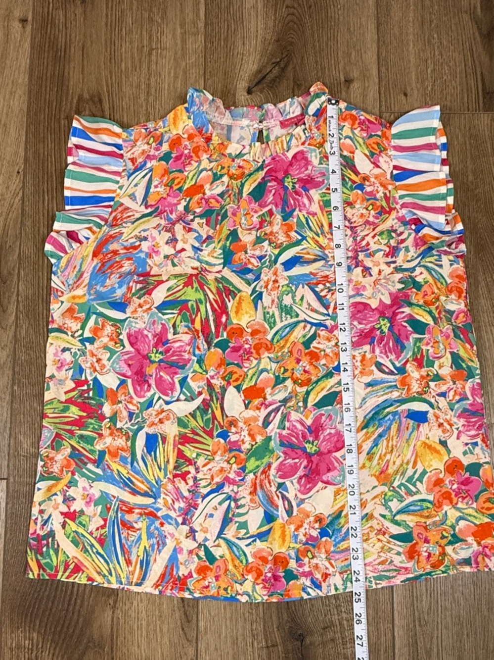 Flying Tomato Tropical Floral Ruffle-Sleeve Top in Pink & Teal - Picture 7 of 8